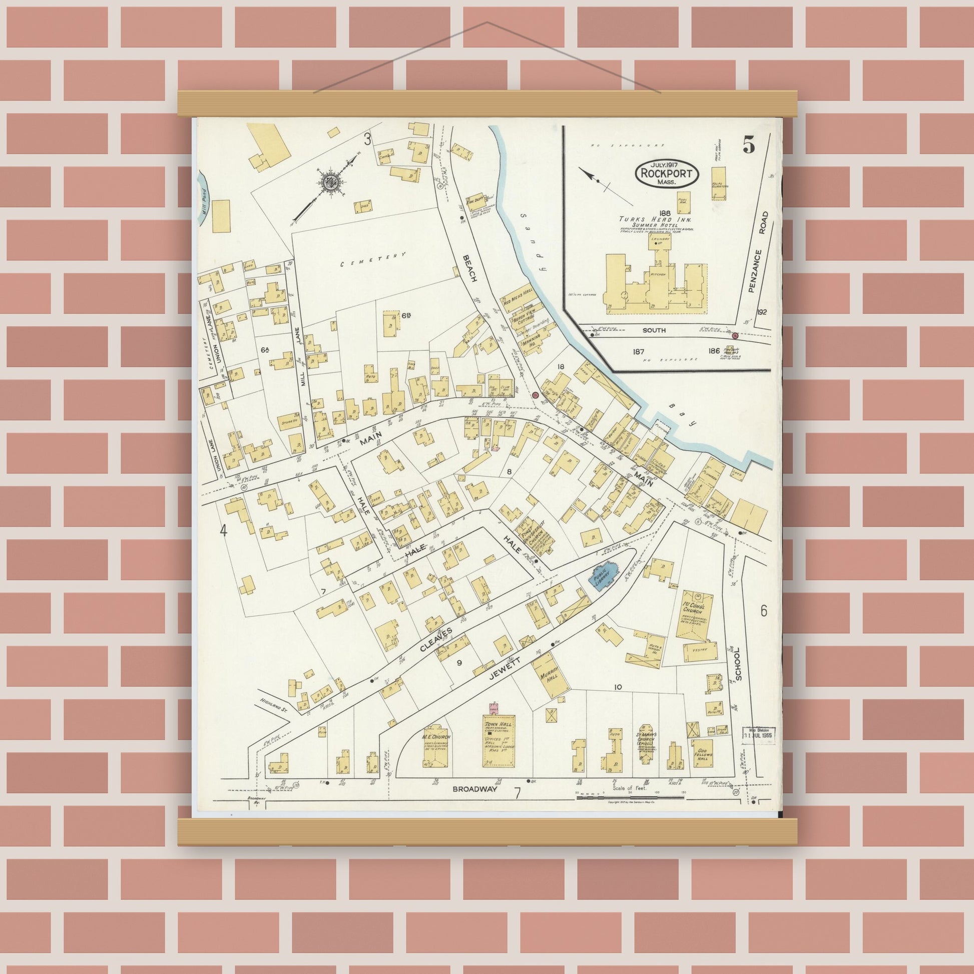 Old map wall art mockup — magnetic wood frame on brick wall — Sanborn Fire Insurance Map from Rockport, Essex County, Massachusetts (1917), Sheet #0005