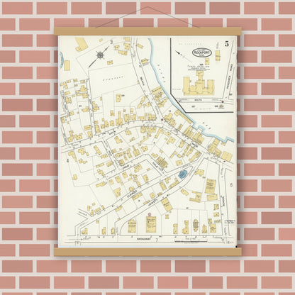 Old map wall art mockup — magnetic wood frame on brick wall — Sanborn Fire Insurance Map from Rockport, Essex County, Massachusetts (1917), Sheet #0005