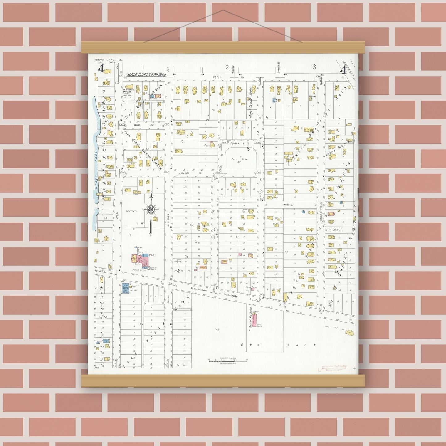 Old map wall art mockup — magnetic wood frame on brick wall — Sanborn Fire Insurance Map from Grays Lake, Lake County, Illinois (1934), Sheet #0004
