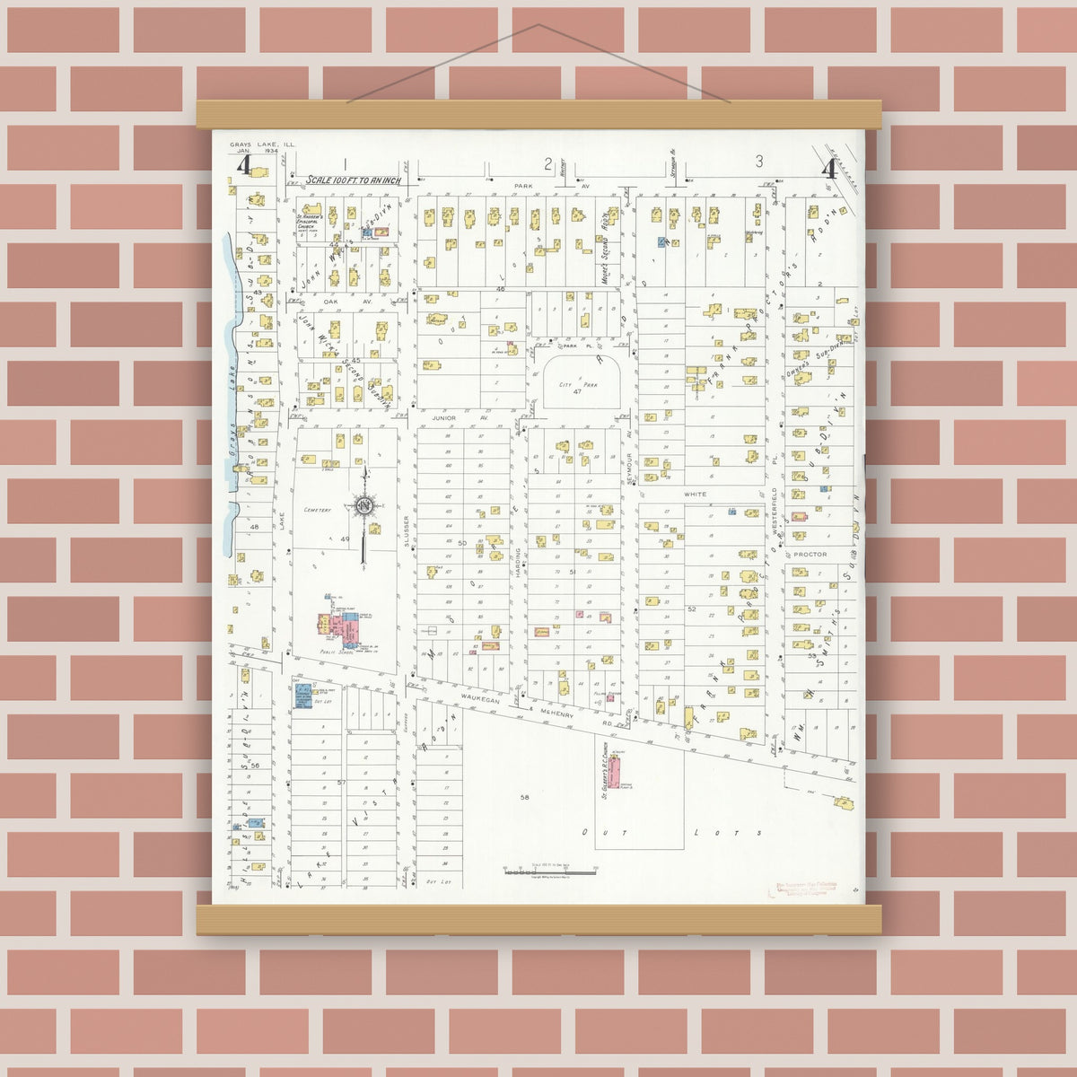Old map wall art mockup — magnetic wood frame on brick wall — Sanborn Fire Insurance Map from Grays Lake, Lake County, Illinois (1934), Sheet #0004