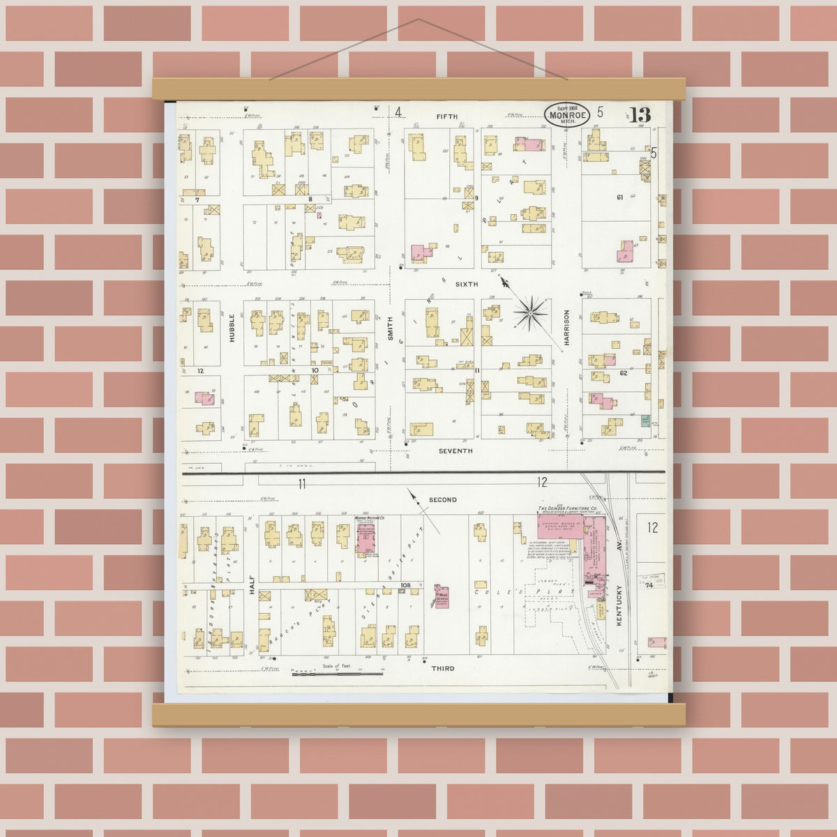 Old map wall art mockup — magnetic wood frame on brick wall — Sanborn Fire Insurance Map from Monroe, Monroe County, Michigan (1908), Sheet #0013