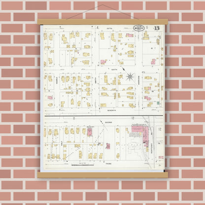 Old map wall art mockup — magnetic wood frame on brick wall — Sanborn Fire Insurance Map from Monroe, Monroe County, Michigan (1908), Sheet #0013