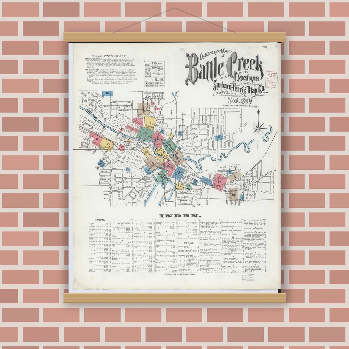 Old map wall art mockup — magnetic wood frame on brick wall — Sanborn Fire Insurance Map from Battle Creek, Calhoun County, Michigan (1899) - Complete Map Set