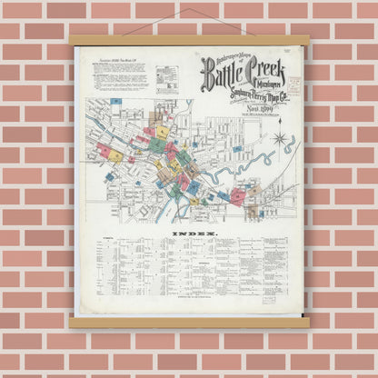 Old map wall art mockup — magnetic wood frame on brick wall — Sanborn Fire Insurance Map from Battle Creek, Calhoun County, Michigan (1899) - Complete Map Set