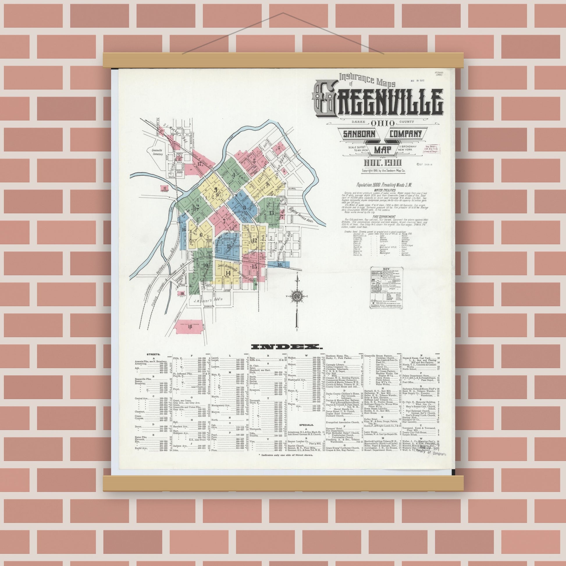 Old map wall art mockup — magnetic wood frame on brick wall — Sanborn Fire Insurance Map from Greenville, Darke County, Ohio (1910), Sheet #0001