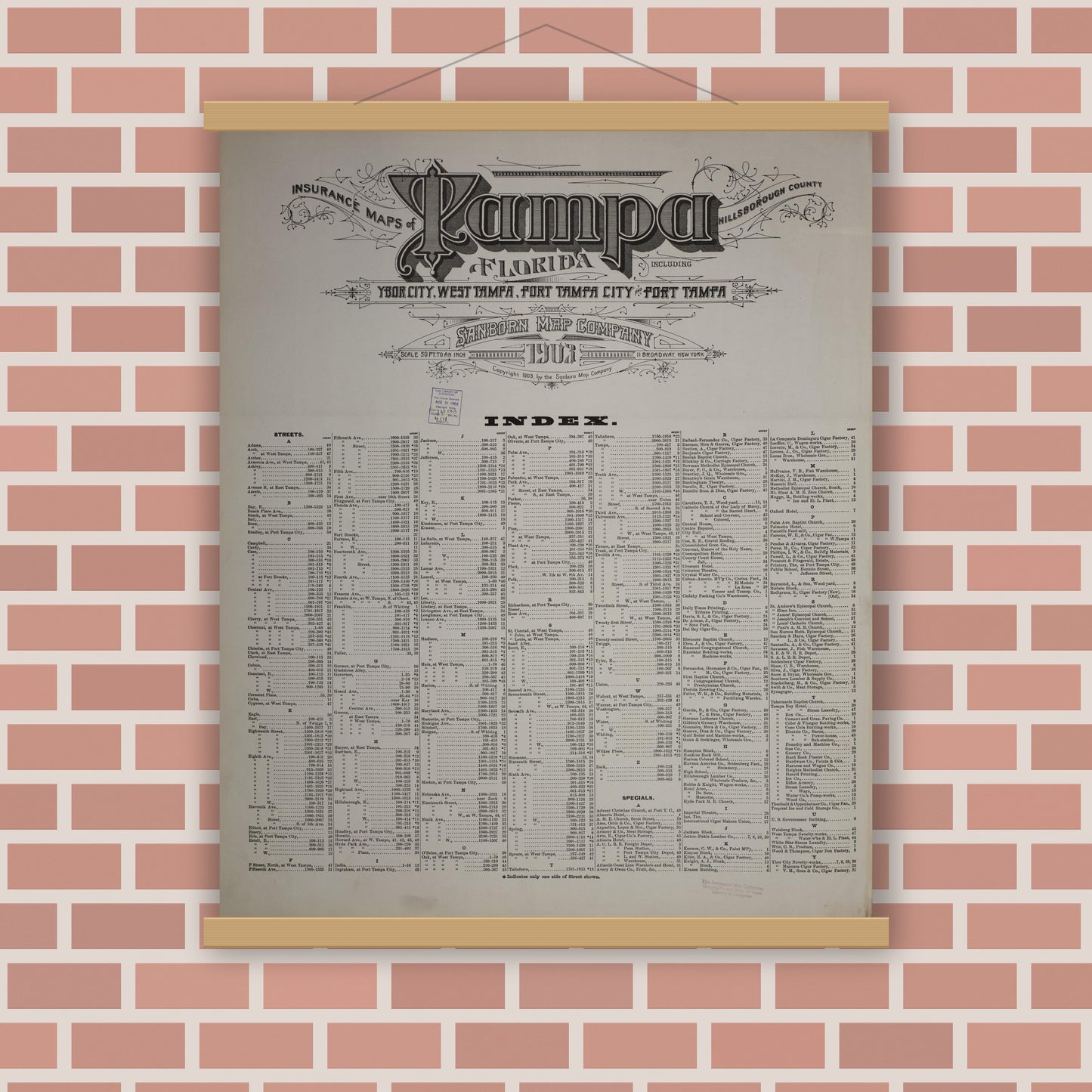 Old map wall art mockup — magnetic wood frame on brick wall — Sanborn Fire Insurance Map from Tampa, Hillsborough County, Florida (1903), Sheet #0001