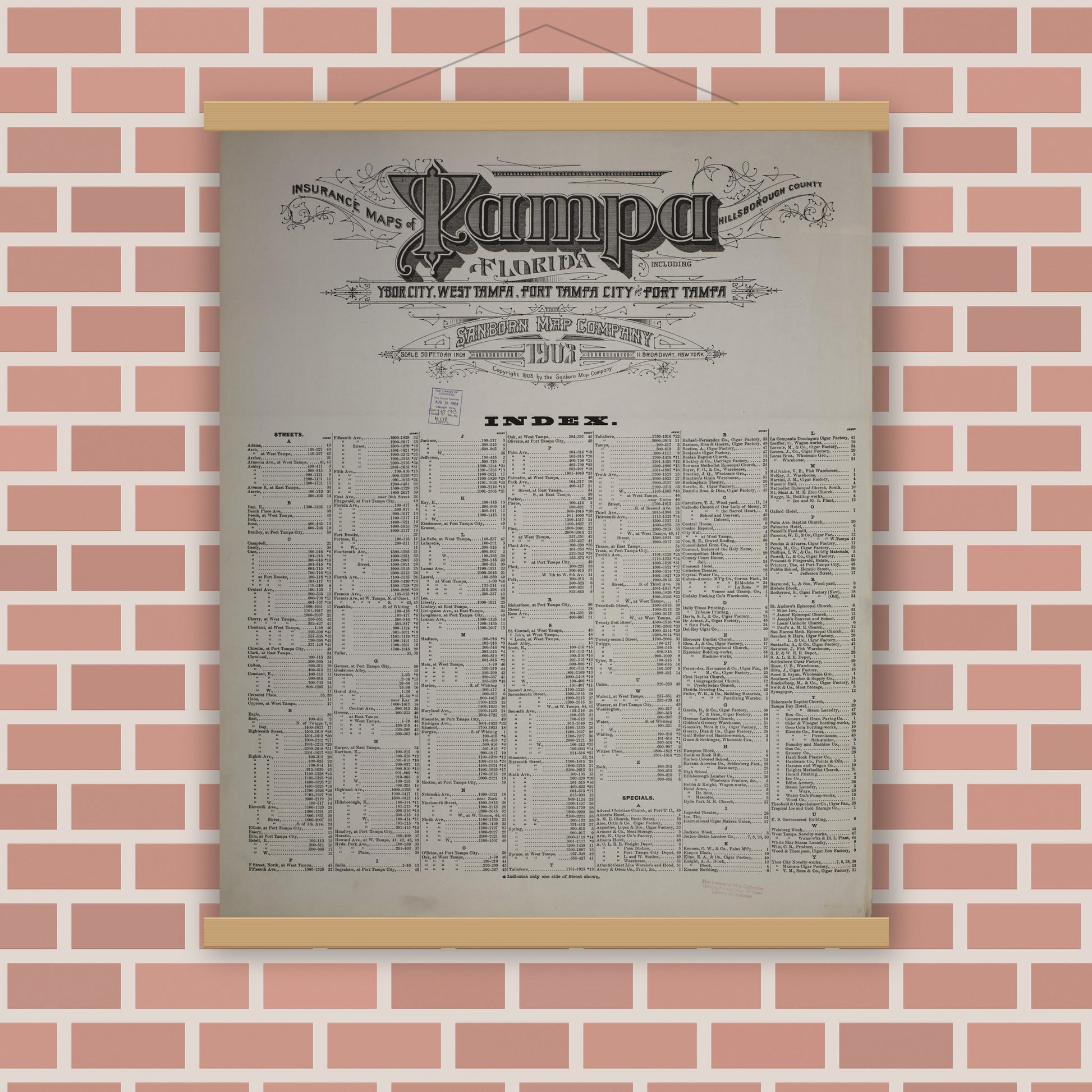 Old map wall art mockup — magnetic wood frame on brick wall — Sanborn Fire Insurance Map from Tampa, Hillsborough County, Florida (1903), Sheet #0001