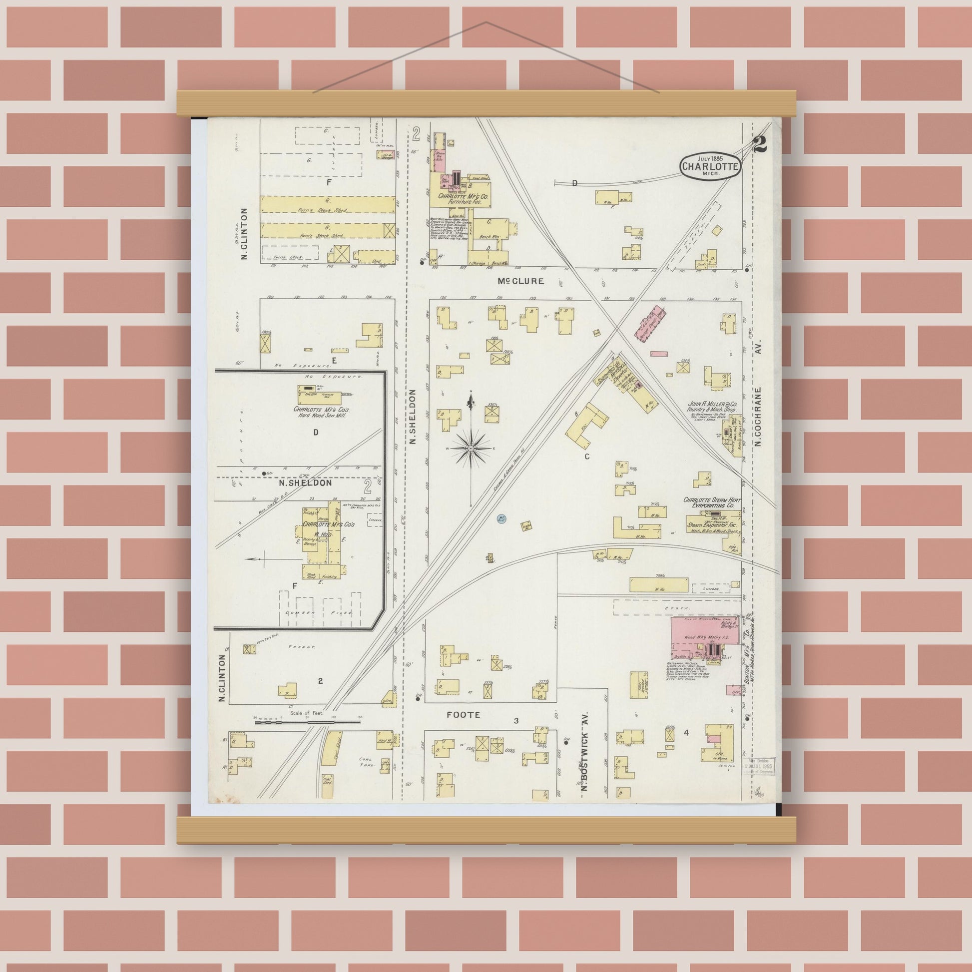 Old map wall art mockup — magnetic wood frame on brick wall — Sanborn Fire Insurance Map from Charlotte, Eaton County, Michigan (1895), Sheet #0002