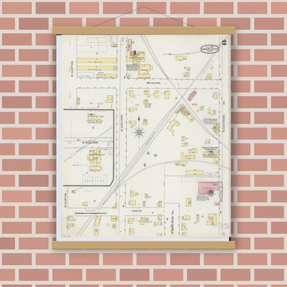 Old map wall art mockup — magnetic wood frame on brick wall — Sanborn Fire Insurance Map from Charlotte, Eaton County, Michigan (1895), Sheet #0002