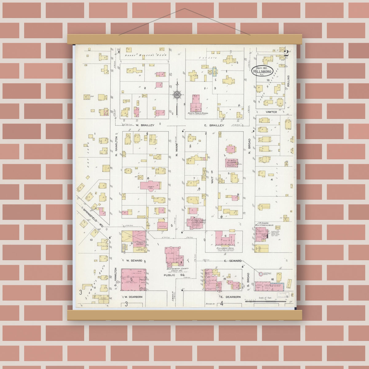 Old map wall art mockup — magnetic wood frame on brick wall — Sanborn Fire Insurance Map from Hillsboro, Montgomery County, Illinois (1912), Sheet #0002