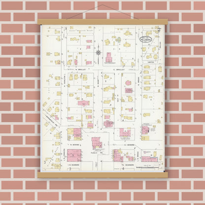 Old map wall art mockup — magnetic wood frame on brick wall — Sanborn Fire Insurance Map from Hillsboro, Montgomery County, Illinois (1912), Sheet #0002