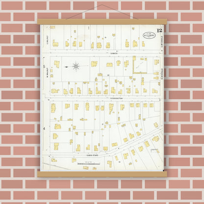 Old map wall art mockup — magnetic wood frame on brick wall — Sanborn Fire Insurance Map from Hillsboro, Hill County, Texas (1900), Sheet #0012