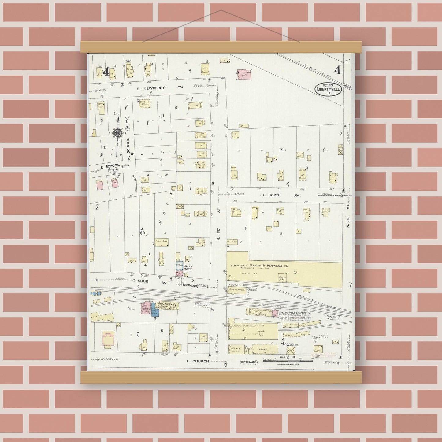 Old map wall art mockup — magnetic wood frame on brick wall — Sanborn Fire Insurance Map from Libertyville, Lake County, Illinois (1924), Sheet #0004
