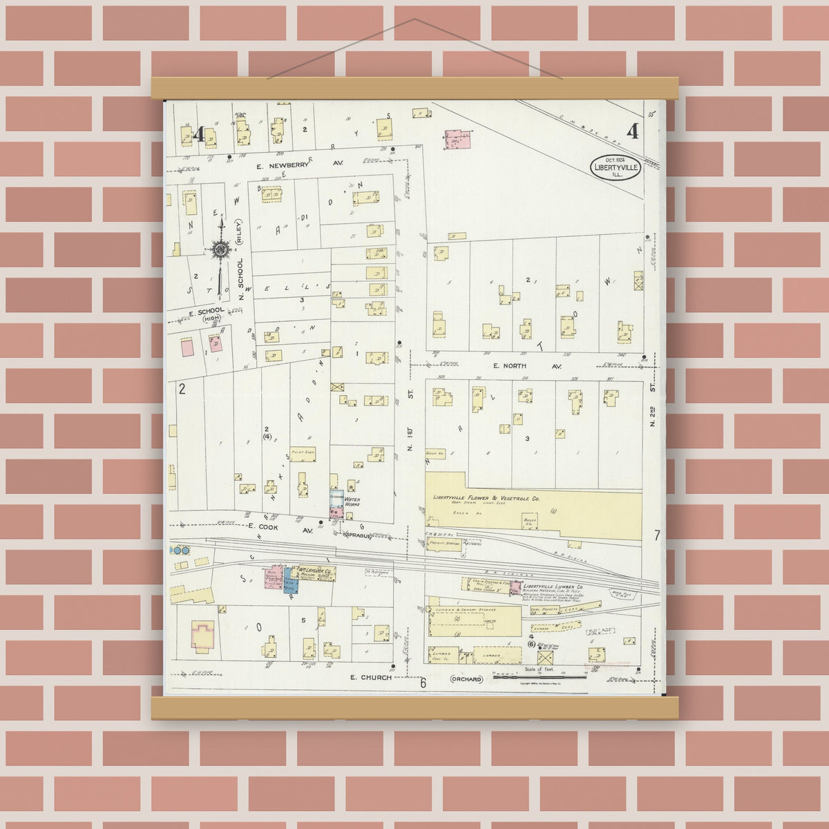 Old map wall art mockup — magnetic wood frame on brick wall — Sanborn Fire Insurance Map from Libertyville, Lake County, Illinois (1924), Sheet #0004