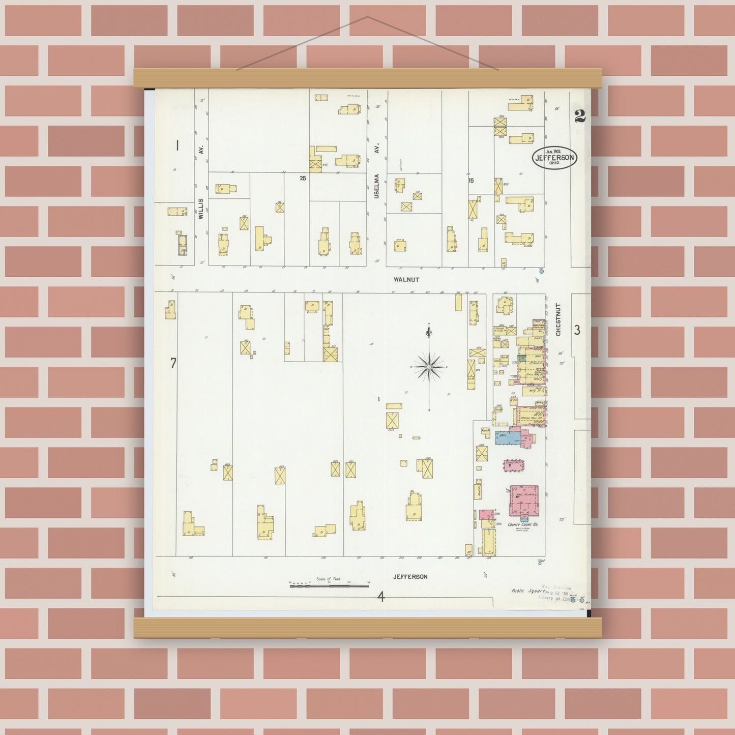 Old map wall art mockup — magnetic wood frame on brick wall — Sanborn Fire Insurance Map from Jefferson, Ashtabula County, Ohio (1902), Sheet #0002