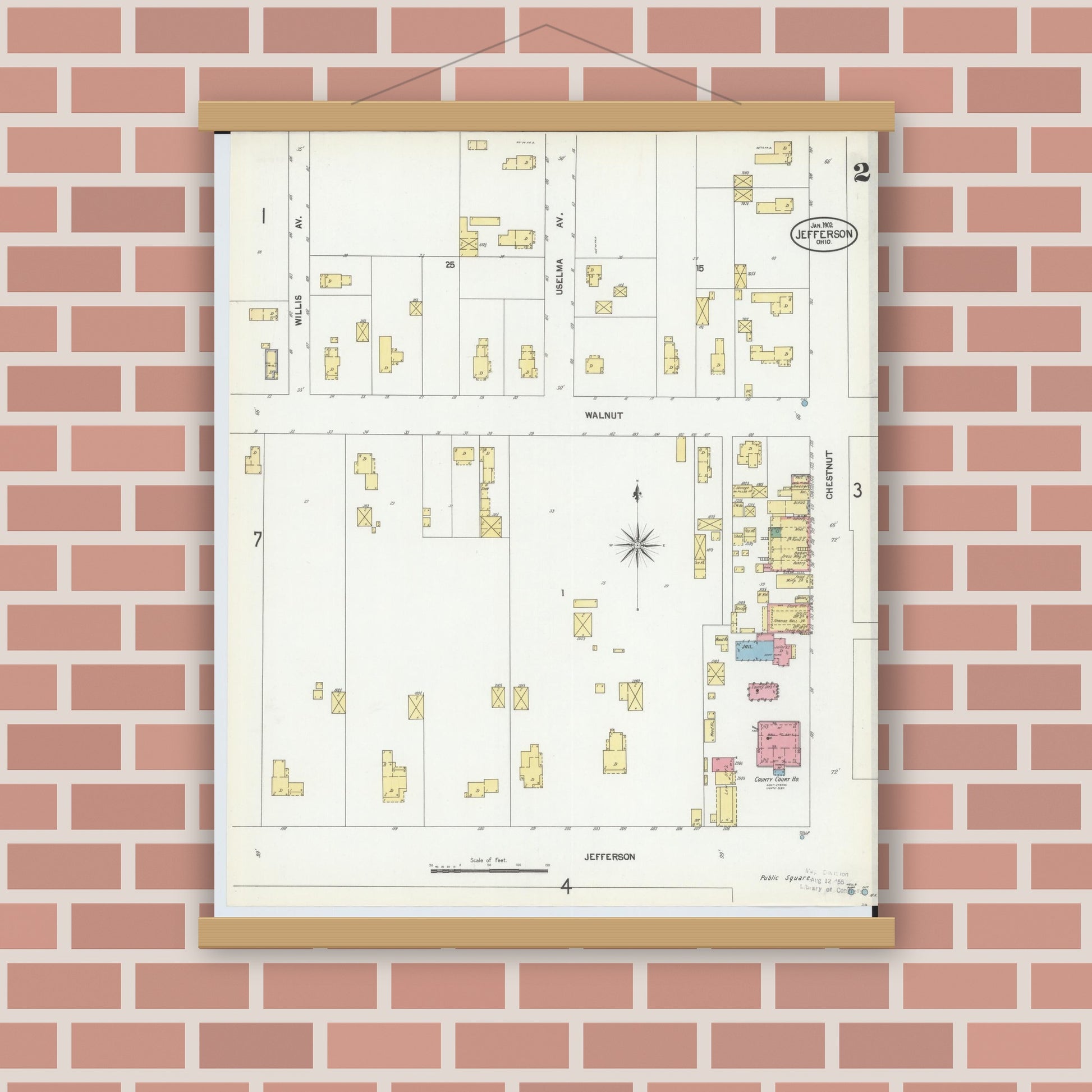 Old map wall art mockup — magnetic wood frame on brick wall — Sanborn Fire Insurance Map from Jefferson, Ashtabula County, Ohio (1902), Sheet #0002