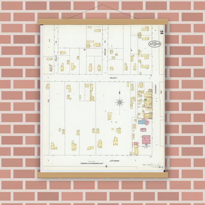 Old map wall art mockup — magnetic wood frame on brick wall — Sanborn Fire Insurance Map from Jefferson, Ashtabula County, Ohio (1902), Sheet #0002