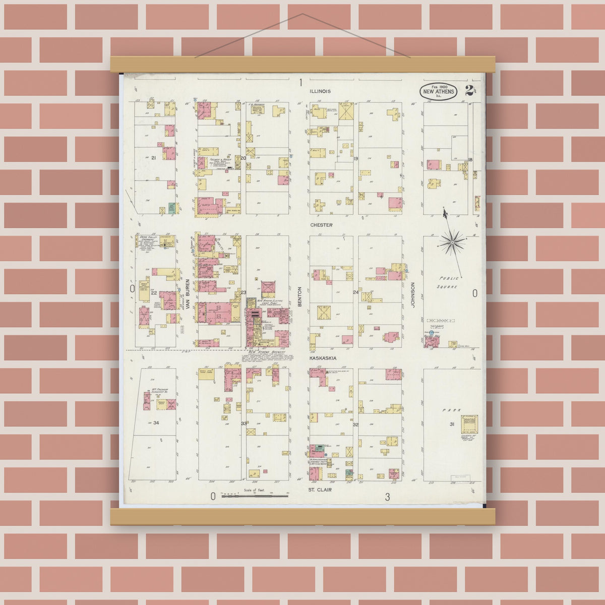 Old map wall art mockup — magnetic wood frame on brick wall — Sanborn Fire Insurance Map from New Athens, Saint Clair County, Illinois (1900), Sheet #0002