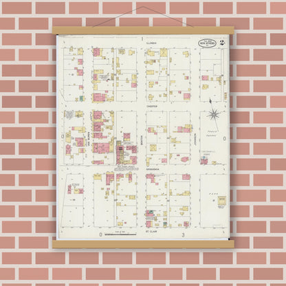 Old map wall art mockup — magnetic wood frame on brick wall — Sanborn Fire Insurance Map from New Athens, Saint Clair County, Illinois (1900), Sheet #0002