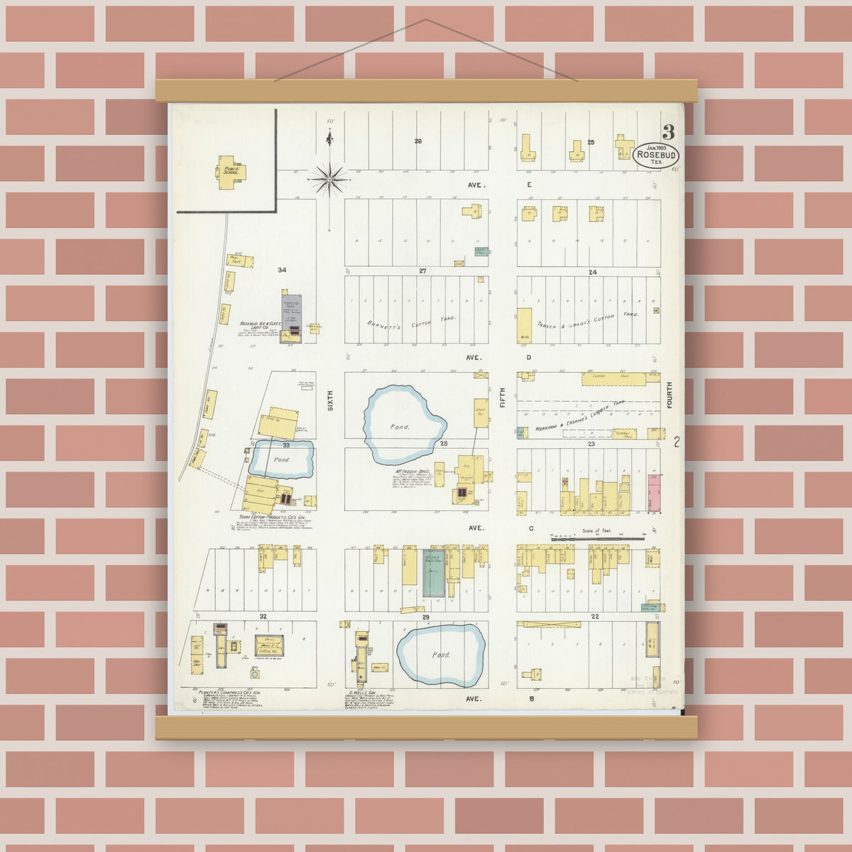 Old map wall art mockup — magnetic wood frame on brick wall — Sanborn Fire Insurance Map from Rosebud, Falls County, Texas (1903), Sheet #0003