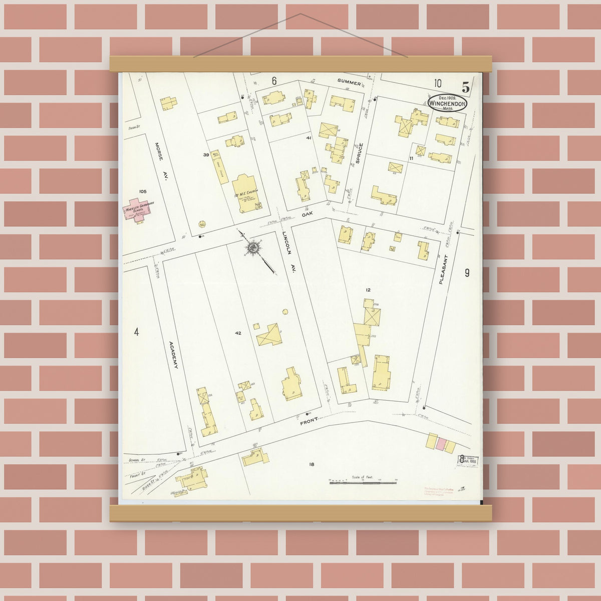 Old map wall art mockup — magnetic wood frame on brick wall — Sanborn Fire Insurance Map from Winchendon, Worcester County, Massachusetts (1909), Sheet #0005
