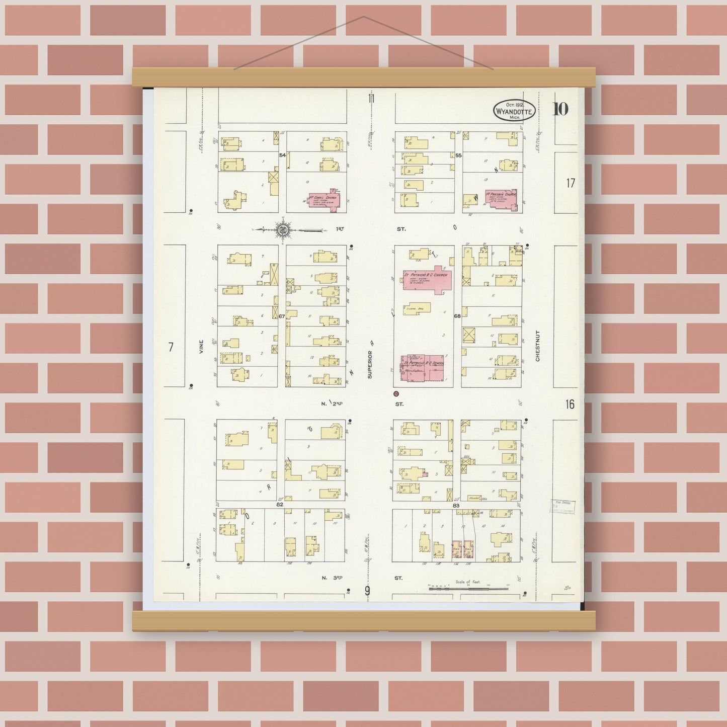 Old map wall art mockup — magnetic wood frame on brick wall — Sanborn Fire Insurance Map from Wyandotte, Wayne County, Michigan (1912), Sheet #0010