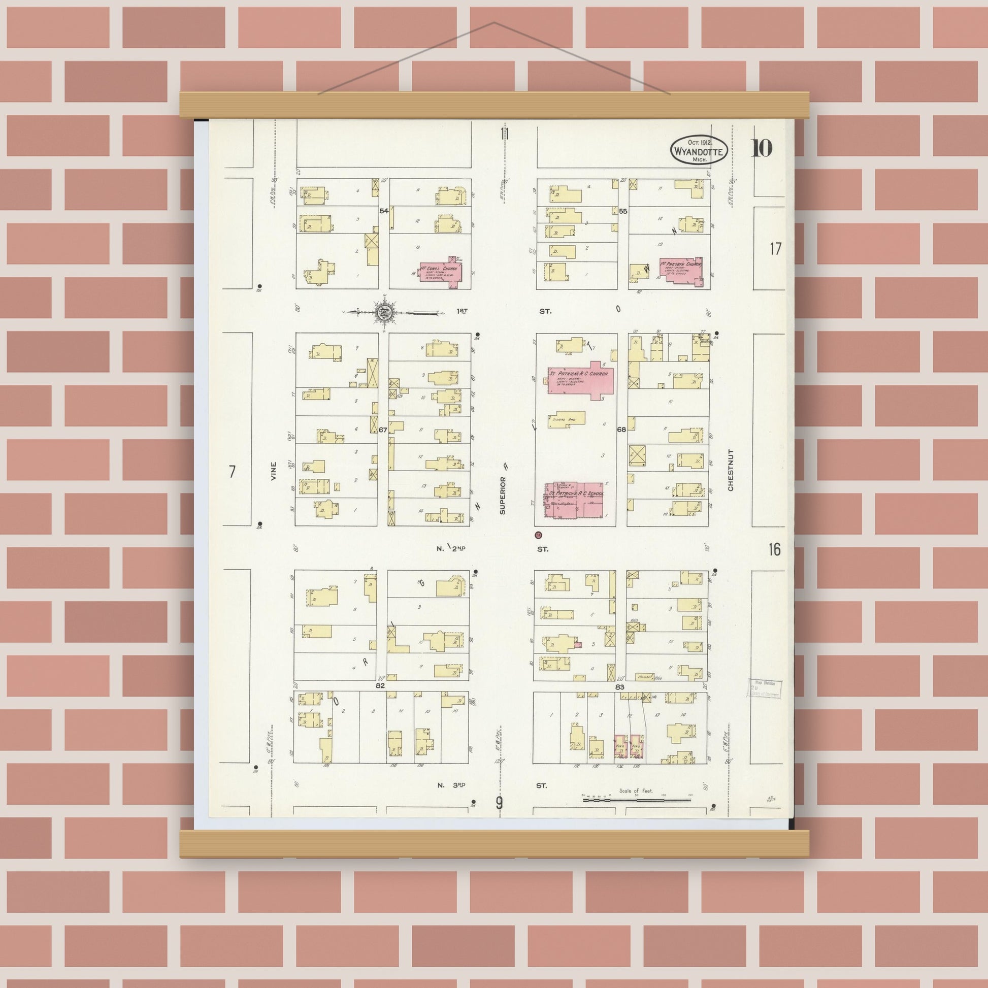Old map wall art mockup — magnetic wood frame on brick wall — Sanborn Fire Insurance Map from Wyandotte, Wayne County, Michigan (1912), Sheet #0010