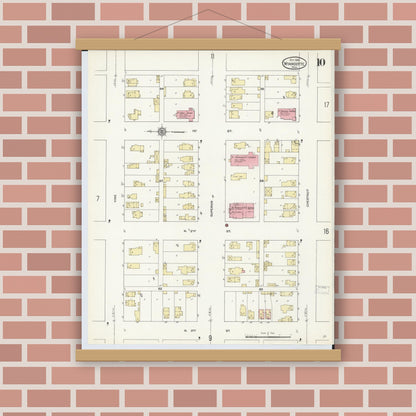 Old map wall art mockup — magnetic wood frame on brick wall — Sanborn Fire Insurance Map from Wyandotte, Wayne County, Michigan (1912), Sheet #0010