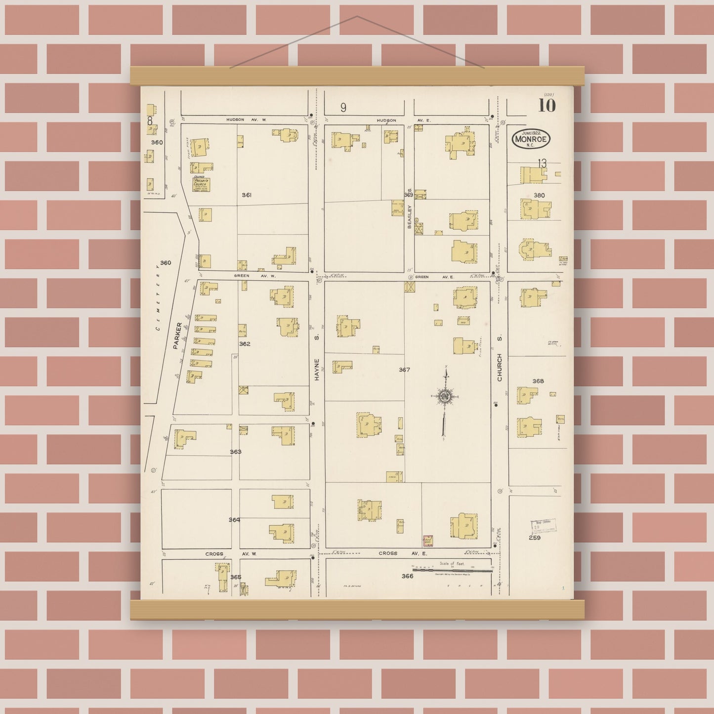Old map wall art mockup — magnetic wood frame on brick wall — Sanborn Fire Insurance Map from Monroe, Union County, North Carolina (1922), Sheet #0010