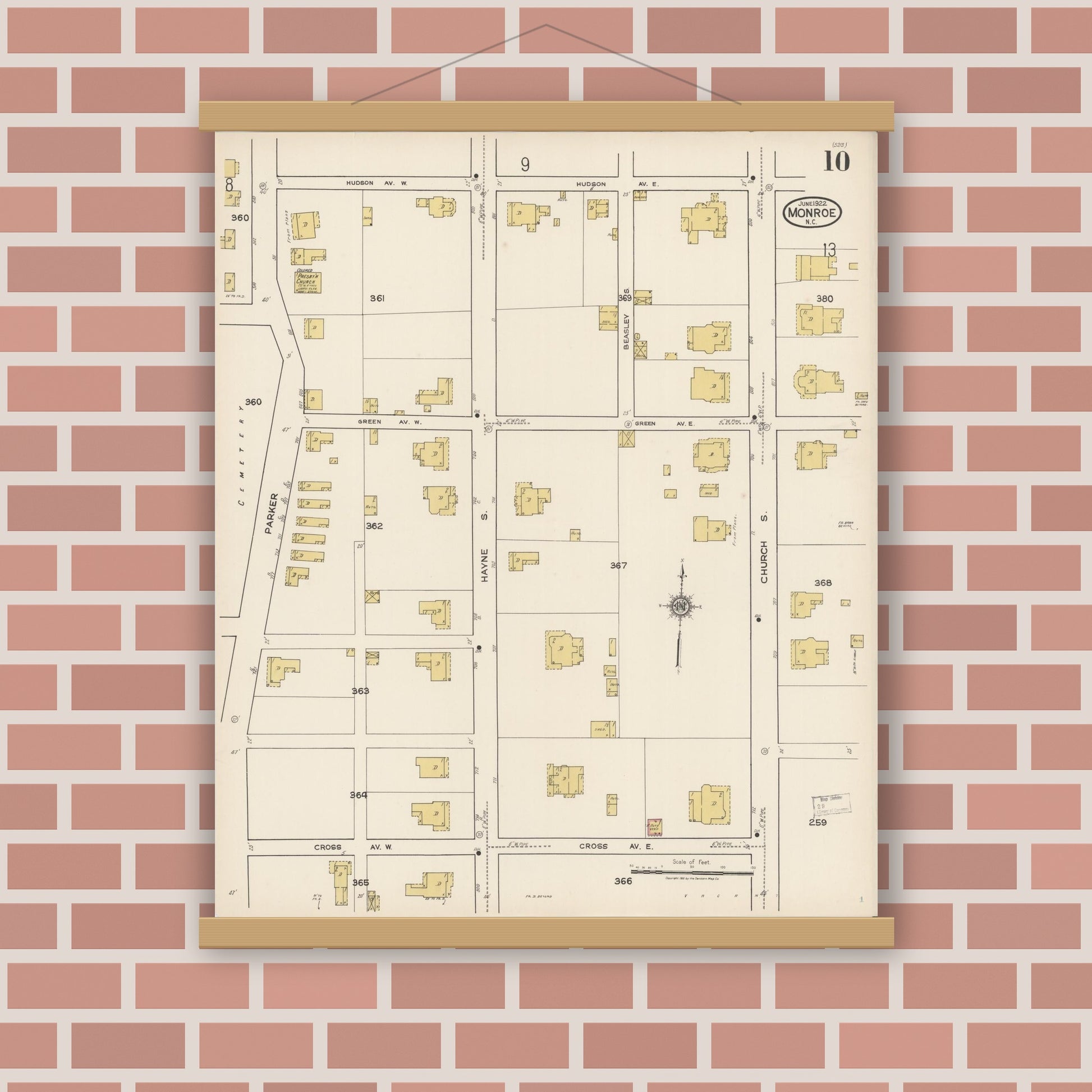 Old map wall art mockup — magnetic wood frame on brick wall — Sanborn Fire Insurance Map from Monroe, Union County, North Carolina (1922), Sheet #0010