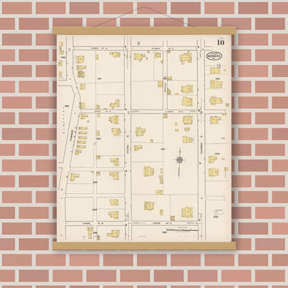 Old map wall art mockup — magnetic wood frame on brick wall — Sanborn Fire Insurance Map from Monroe, Union County, North Carolina (1922), Sheet #0010