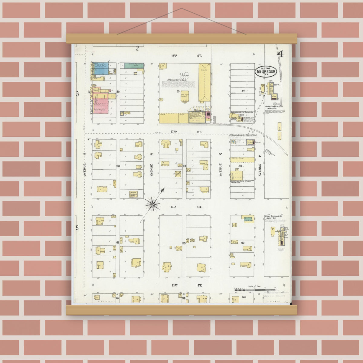 Old map wall art mockup — magnetic wood frame on brick wall — Sanborn Fire Insurance Map from McGregor, McLennan County, Texas (1904), Sheet #0004