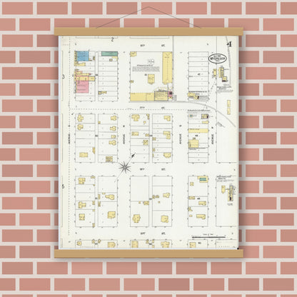 Old map wall art mockup — magnetic wood frame on brick wall — Sanborn Fire Insurance Map from McGregor, McLennan County, Texas (1904), Sheet #0004