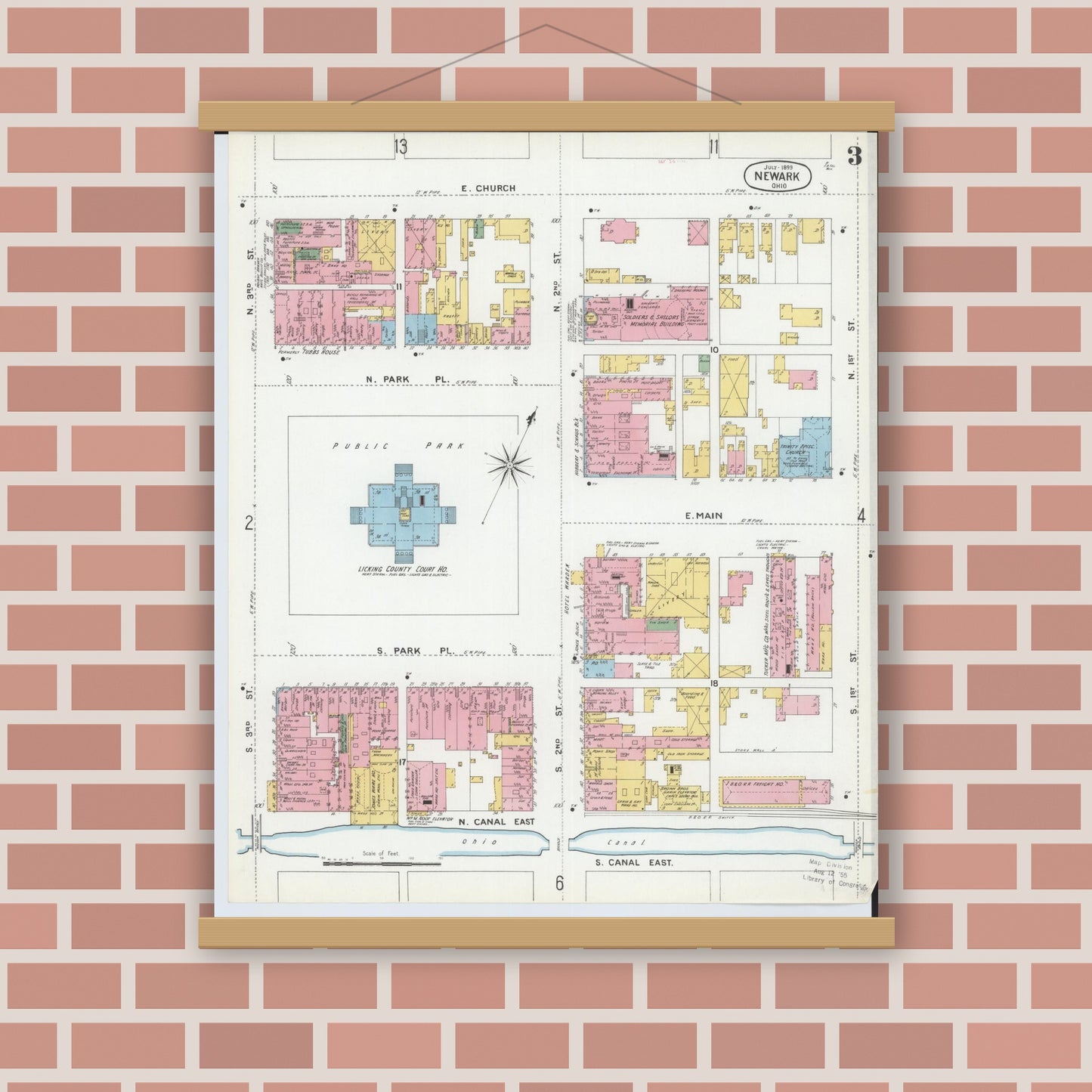 Old map wall art mockup — magnetic wood frame on brick wall — Sanborn Fire Insurance Map from Newark, Licking County, Ohio (1899), Sheet #0003