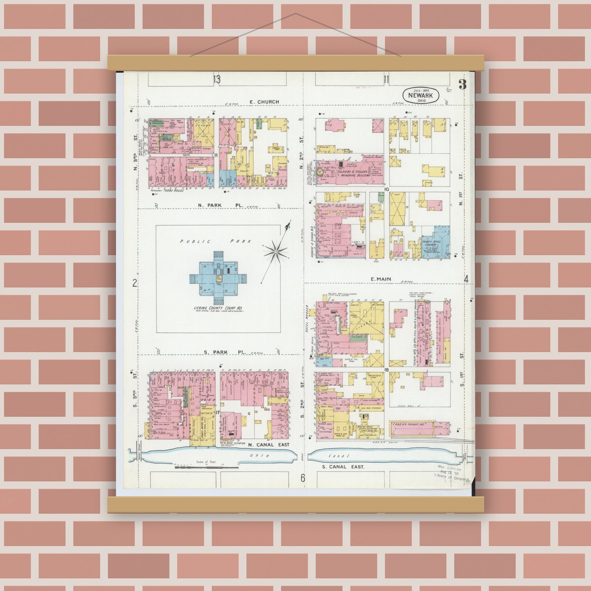 Old map wall art mockup — magnetic wood frame on brick wall — Sanborn Fire Insurance Map from Newark, Licking County, Ohio (1899), Sheet #0003