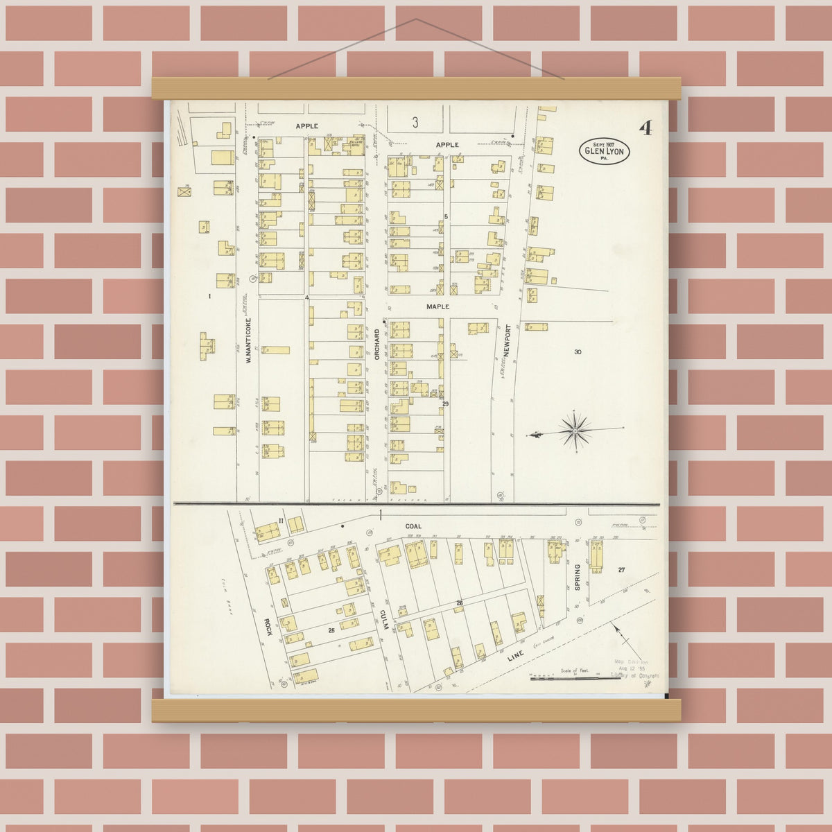 Old map wall art mockup — magnetic wood frame on brick wall — Sanborn Fire Insurance Map from Glen Lyon, Luzerne County, Pennsylvania (1907), Sheet #0004