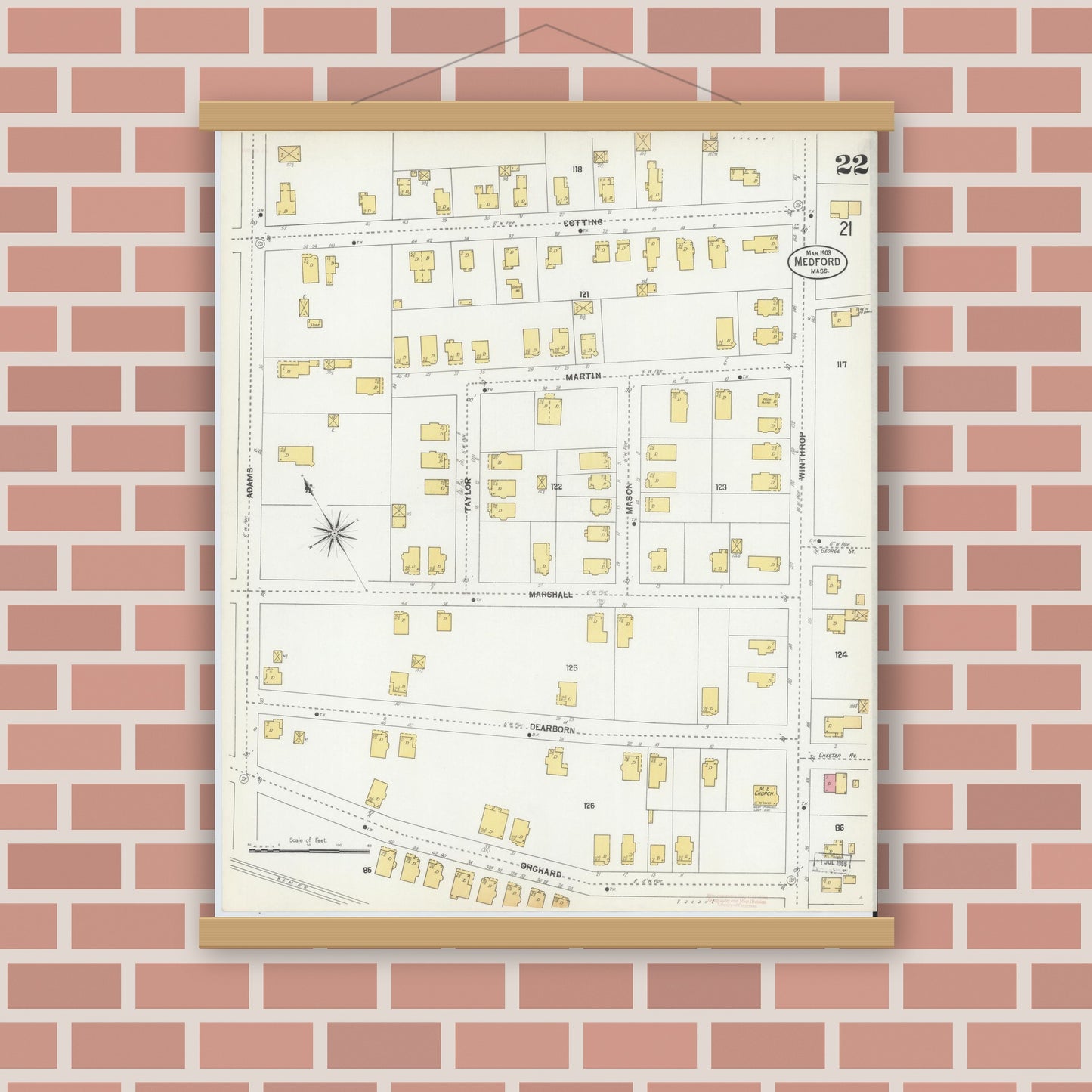 Old map wall art mockup — magnetic wood frame on brick wall — Sanborn Fire Insurance Map from Medford, Middlesex County, Massachusetts (1903), Sheet #0022