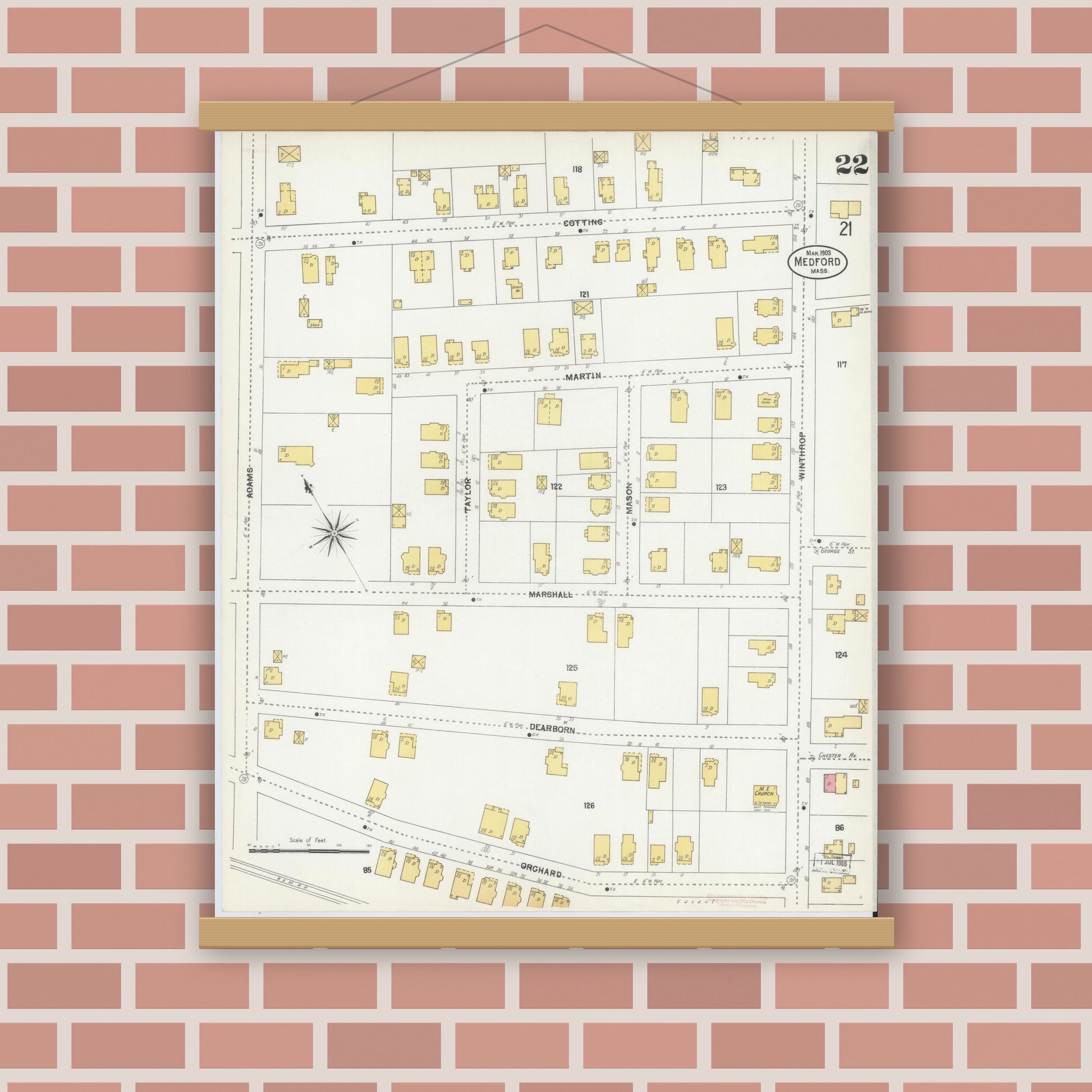 Old map wall art mockup — magnetic wood frame on brick wall — Sanborn Fire Insurance Map from Medford, Middlesex County, Massachusetts (1903), Sheet #0022