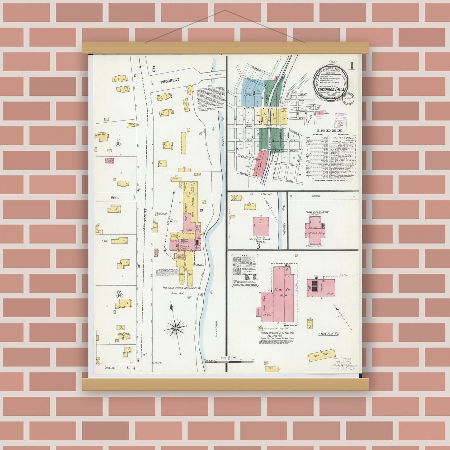 Old map wall art mockup — magnetic wood frame on brick wall — Sanborn Fire Insurance Map from Cuyahoga Falls, Summit County, Ohio (1901) - Complete Map Set