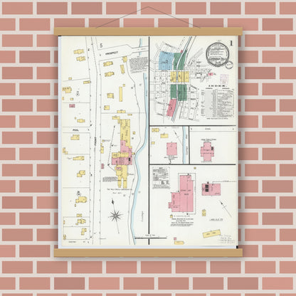 Old map wall art mockup — magnetic wood frame on brick wall — Sanborn Fire Insurance Map from Cuyahoga Falls, Summit County, Ohio (1901) - Complete Map Set