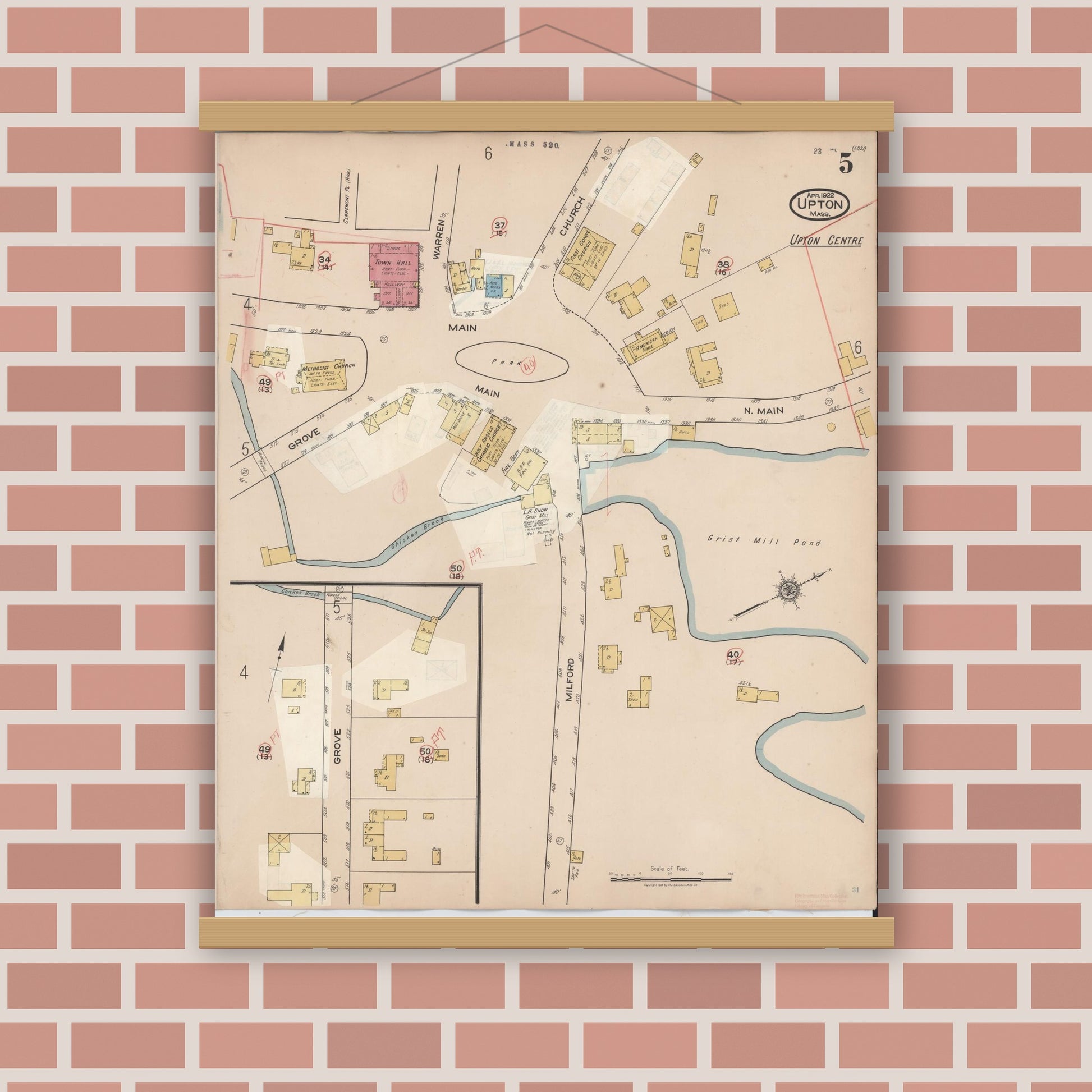 Old map wall art mockup — magnetic wood frame on brick wall — Sanborn Fire Insurance Map from Upton, Worcester County, Massachusetts (1945), Sheet #0005