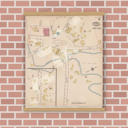 Old map wall art mockup — magnetic wood frame on brick wall — Sanborn Fire Insurance Map from Upton, Worcester County, Massachusetts (1945), Sheet #0005