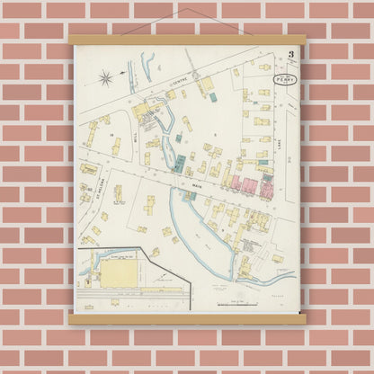 Old map wall art mockup — magnetic wood frame on brick wall — Sanborn Fire Insurance Map from Perry, Wyoming County, New York (1894), Sheet #0003