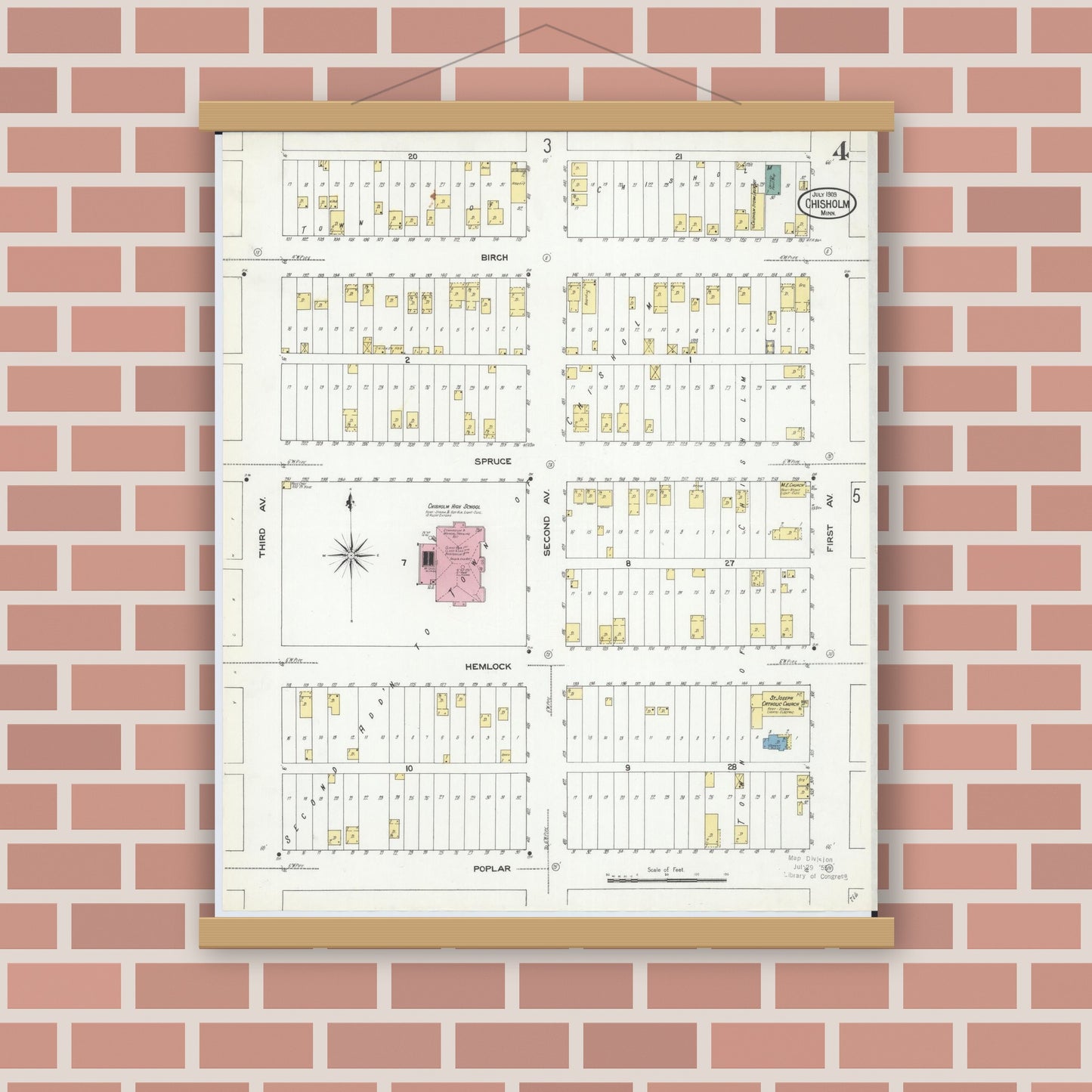 Old map wall art mockup — magnetic wood frame on brick wall — Sanborn Fire Insurance Map from Chisholm, Saint Louis County, Minnesota (1909), Sheet #0004