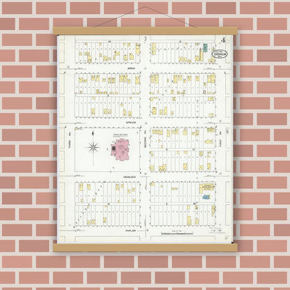 Old map wall art mockup — magnetic wood frame on brick wall — Sanborn Fire Insurance Map from Chisholm, Saint Louis County, Minnesota (1909), Sheet #0004
