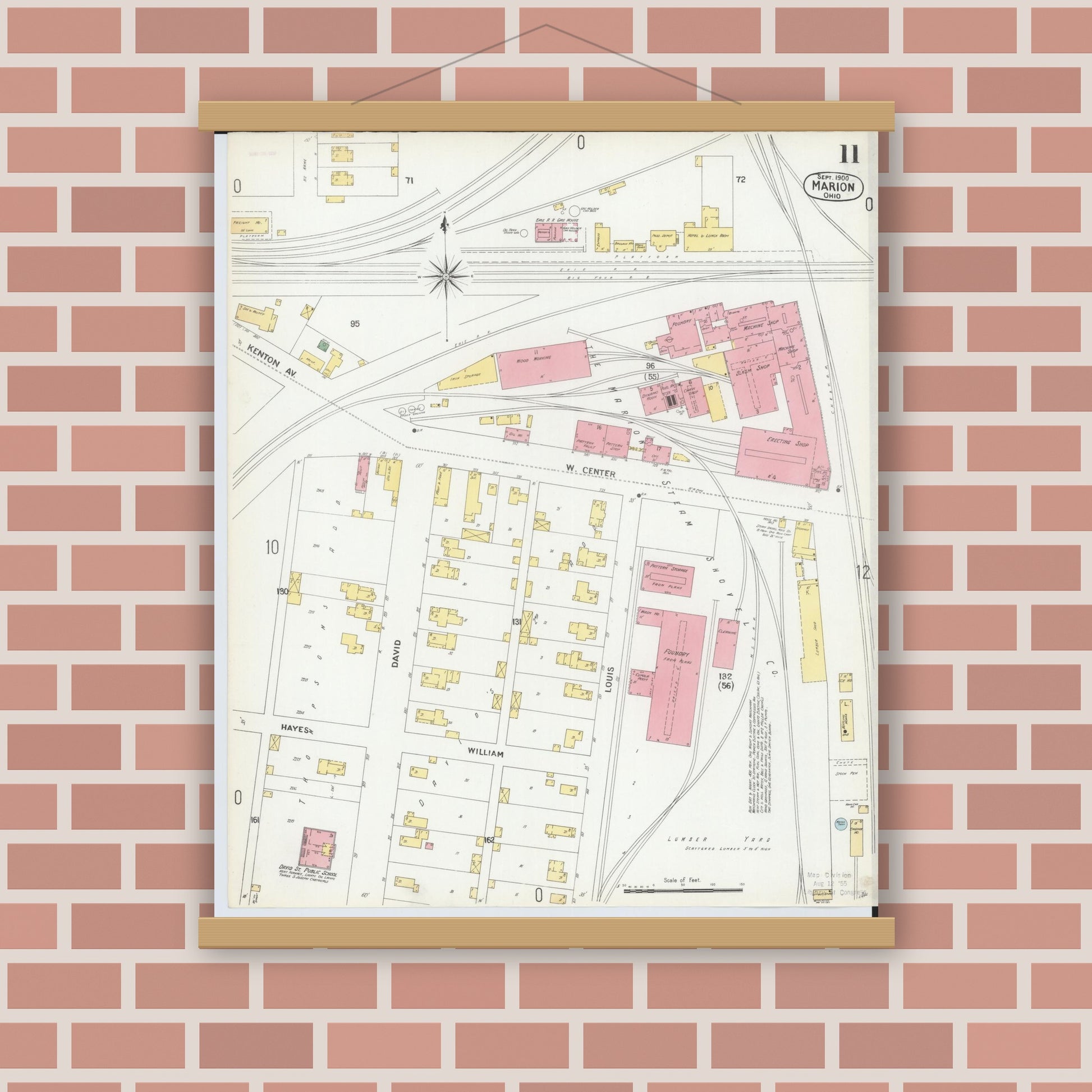 Old map wall art mockup — magnetic wood frame on brick wall — Sanborn Fire Insurance Map from Marion, Marion County, Ohio (1900), Sheet #0011