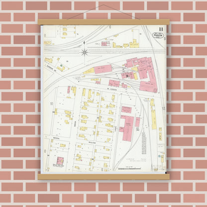 Old map wall art mockup — magnetic wood frame on brick wall — Sanborn Fire Insurance Map from Marion, Marion County, Ohio (1900), Sheet #0011