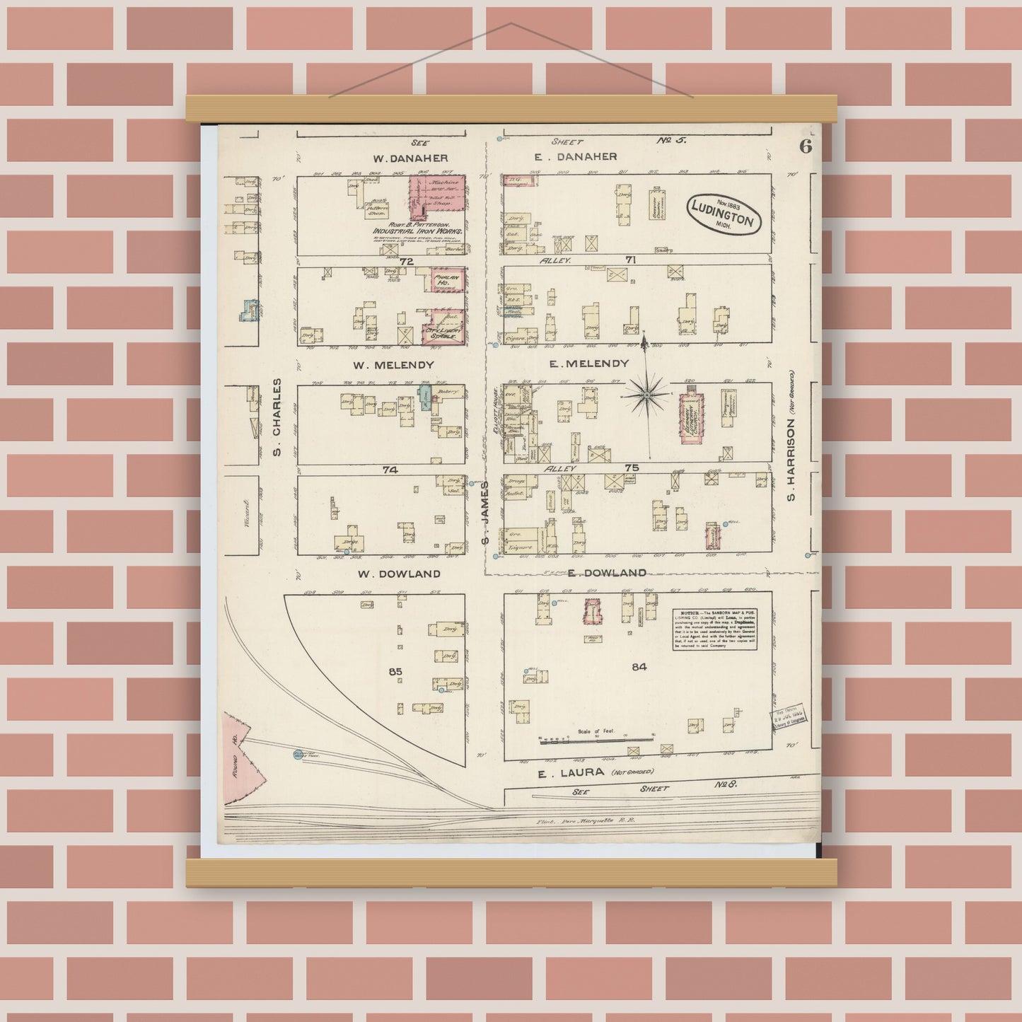 Old map wall art mockup — magnetic wood frame on brick wall — Sanborn Fire Insurance Map from Ludington, Mason County, Michigan (1883), Sheet #0006