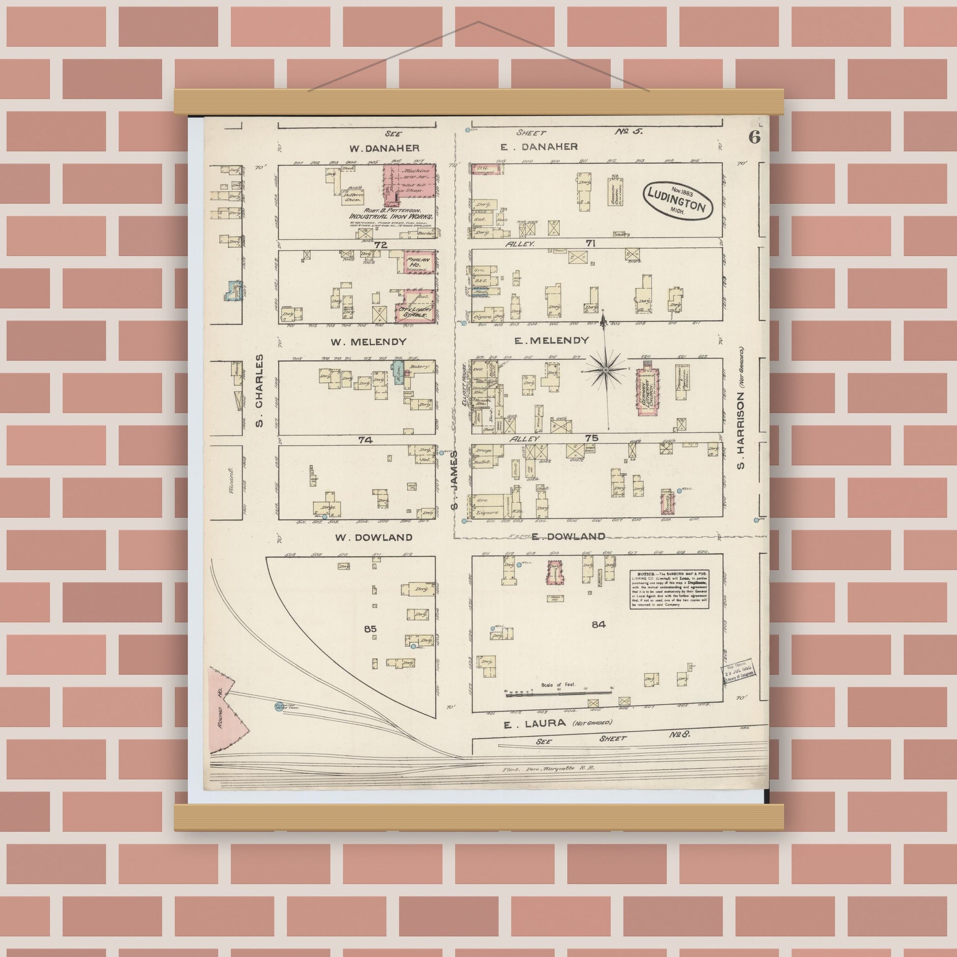 Old map wall art mockup — magnetic wood frame on brick wall — Sanborn Fire Insurance Map from Ludington, Mason County, Michigan (1883), Sheet #0006