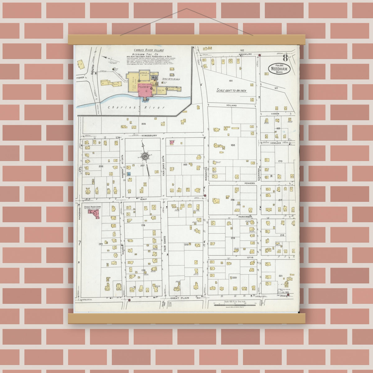 Old map wall art mockup — magnetic wood frame on brick wall — Sanborn Fire Insurance Map from Needham, Norfolk County, Massachusetts (1919), Sheet #0008